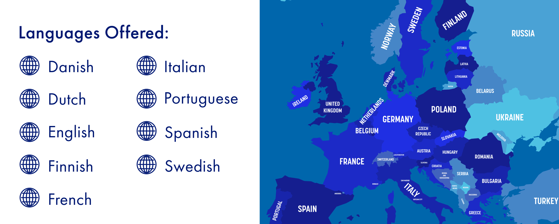 AIG Virtual Care Program: Languages Offered. Danish, Dutch, English, Finnish, French, Italian, Portuguese, Spanish, Swedish