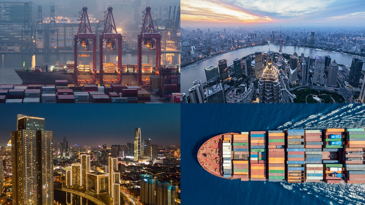 Collage of multinational cities, shipping port and container ship